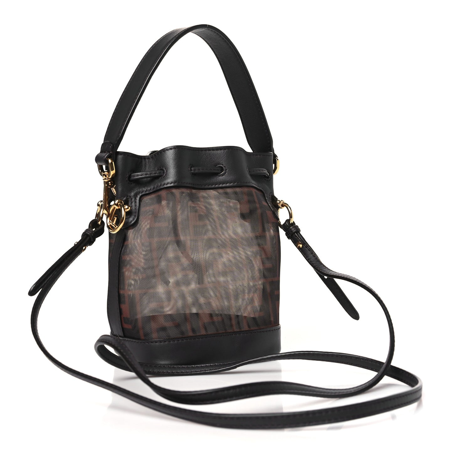 Mesh Vitello Grace F is Fendi FF 1974 Mini Mon Tresor Bucket Bag Marrone Black Ebano