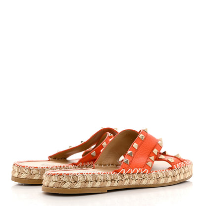 Valentino Garavani Grained Calfskin Rockstud Crisscross Espadrille Flat Slide Sandals 38 Titian 4 of 8