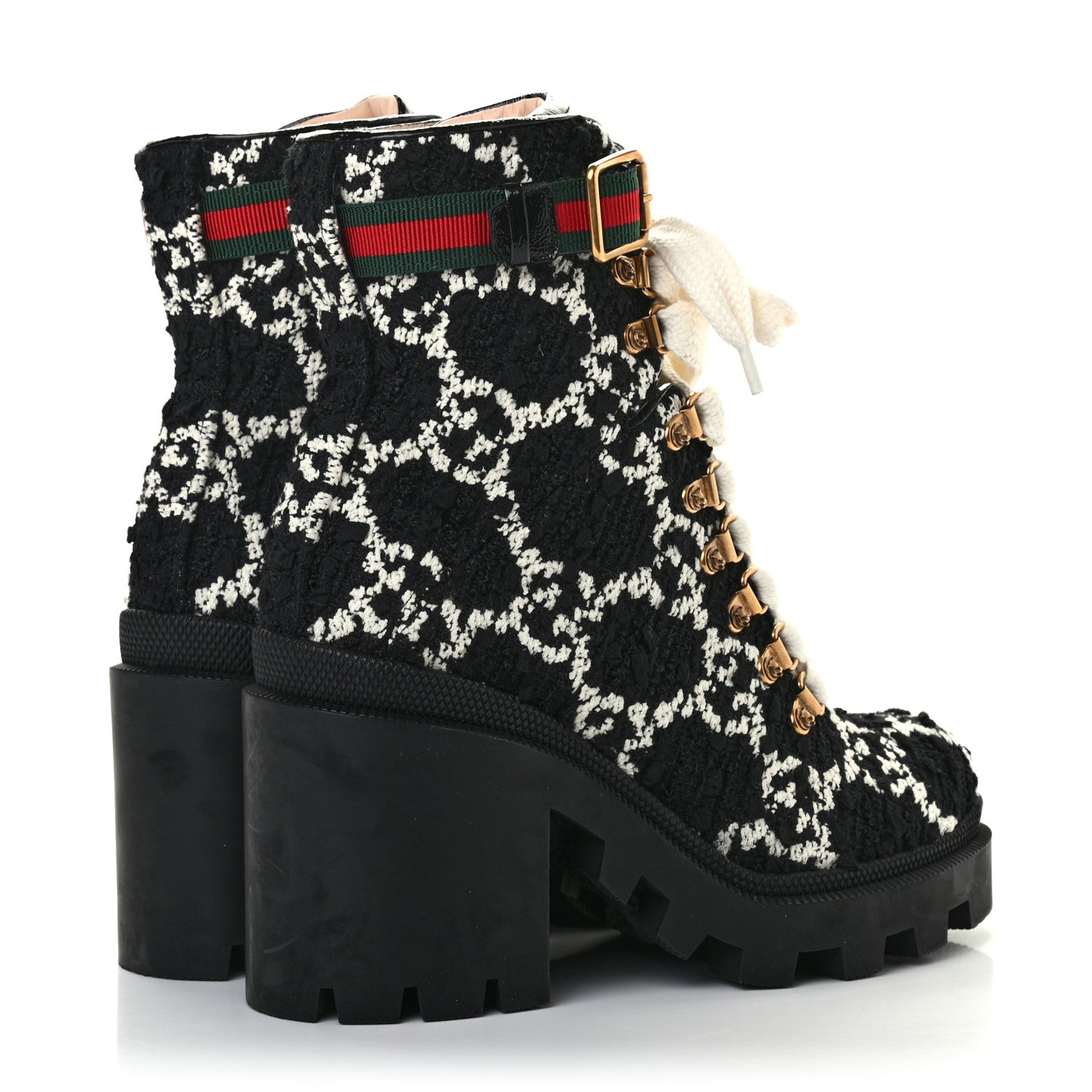 Gucci Tweed GG Monogram Lace Up Combat Ankle Boots 36.5 Black 4 of 7