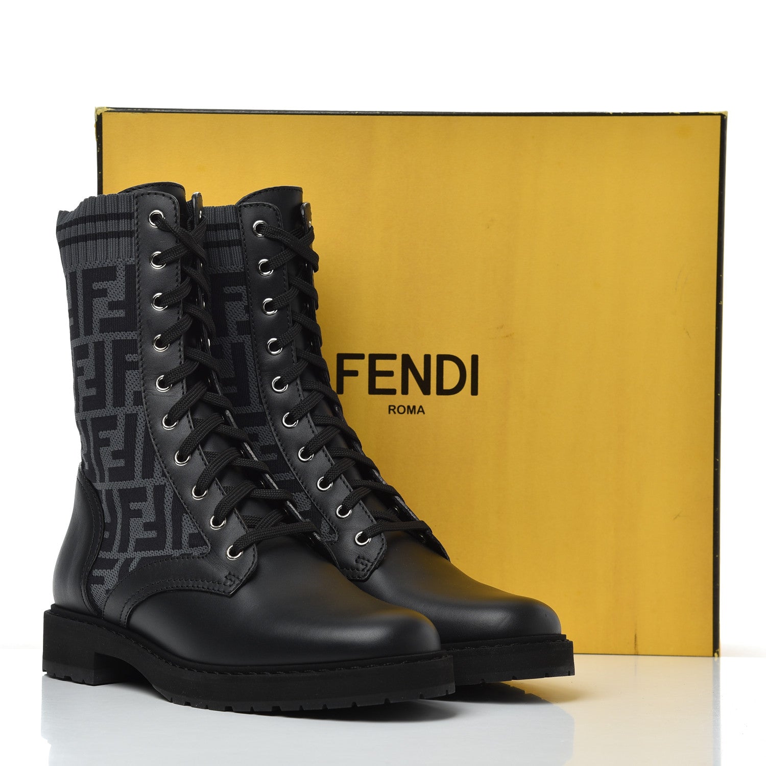Fendi Calfskin Stretch Fabric FF Rockoko Biker Boots 40 Black Charcoal 8 of 8
