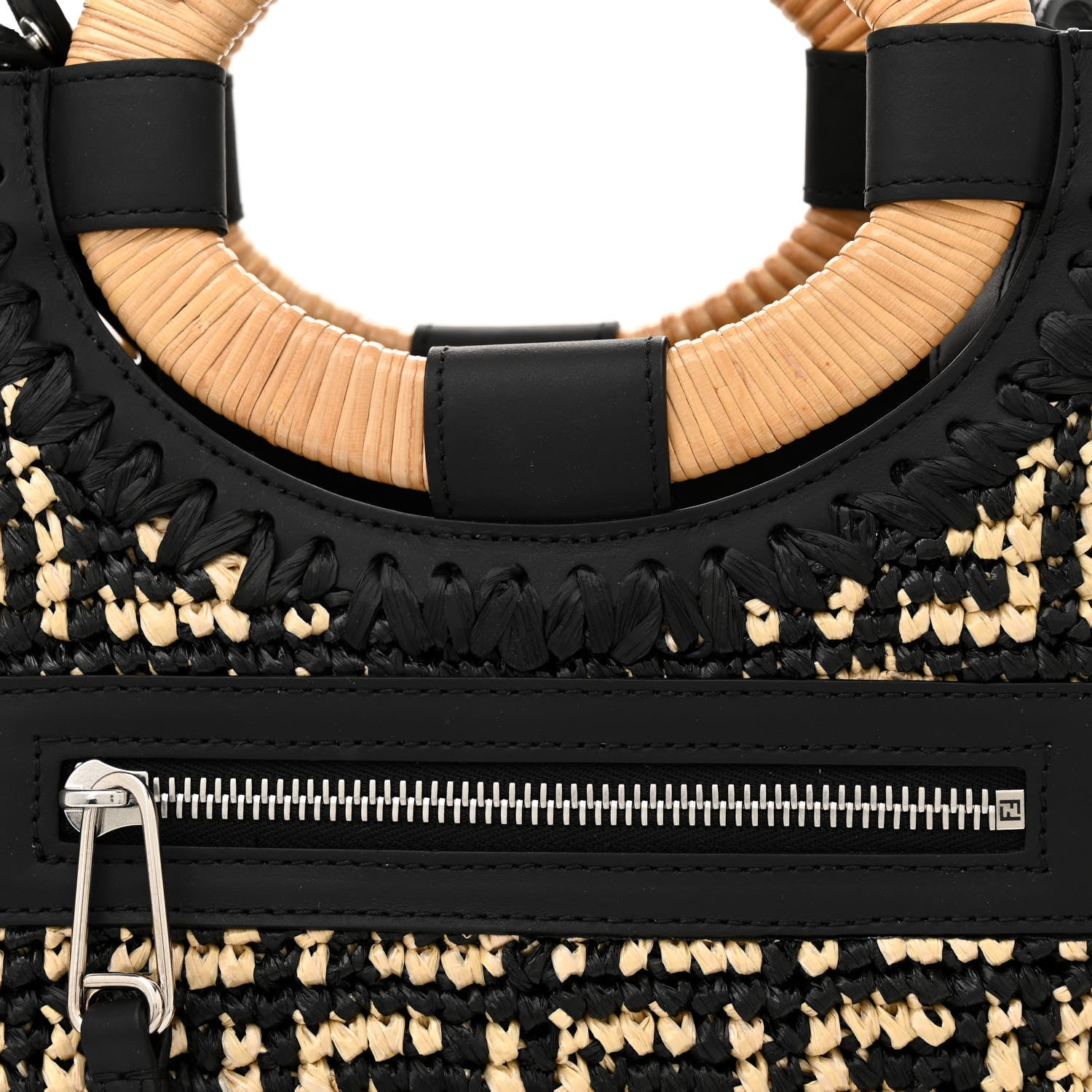 Fendi Wicker Vitello Century FF 1974 Small Runaway Shopper Tote Natural Black 7 of 9