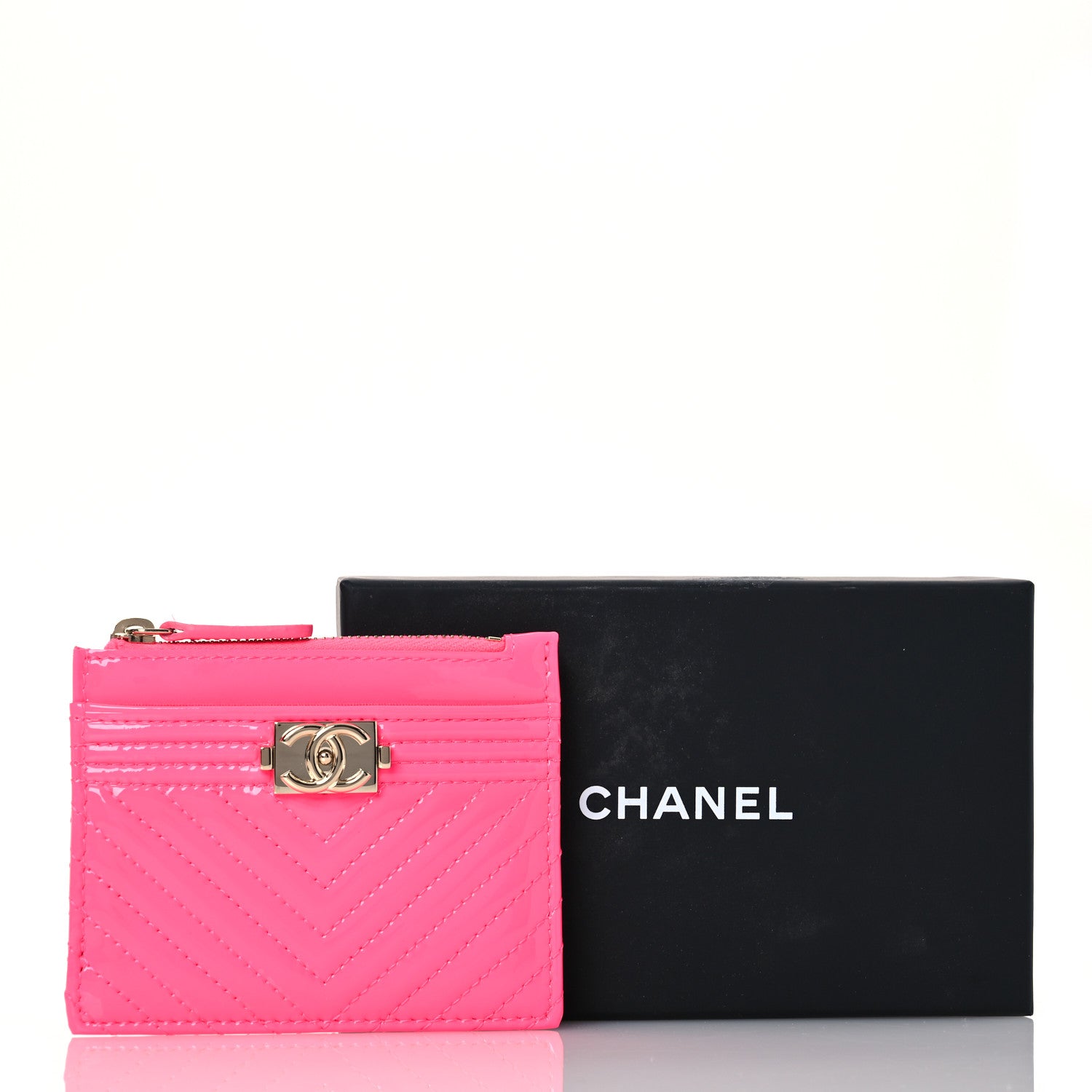Chanel Patent Chevron Quilted Boy Zip Card Holder Neon Pink 11 of 11