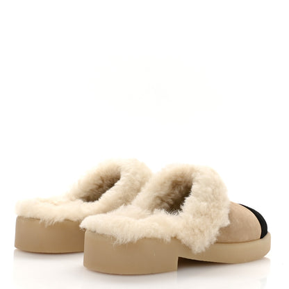 Chanel Suede Shearling CC Cap Toe Mules 41 Beige Black 5 of 8
