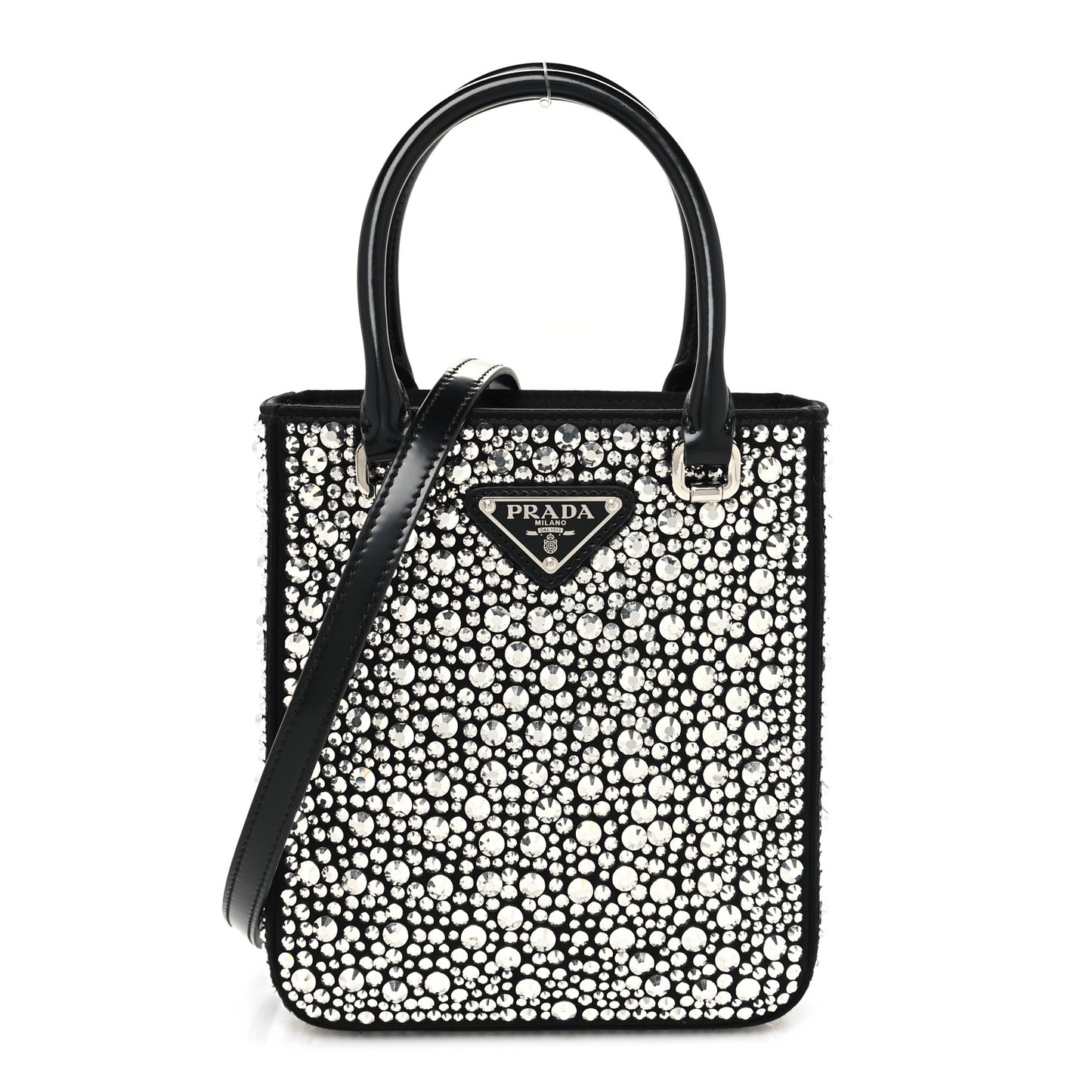 Satin Crystal Metal Triangle Logo Small Double Handle Crossbody Tote Metal