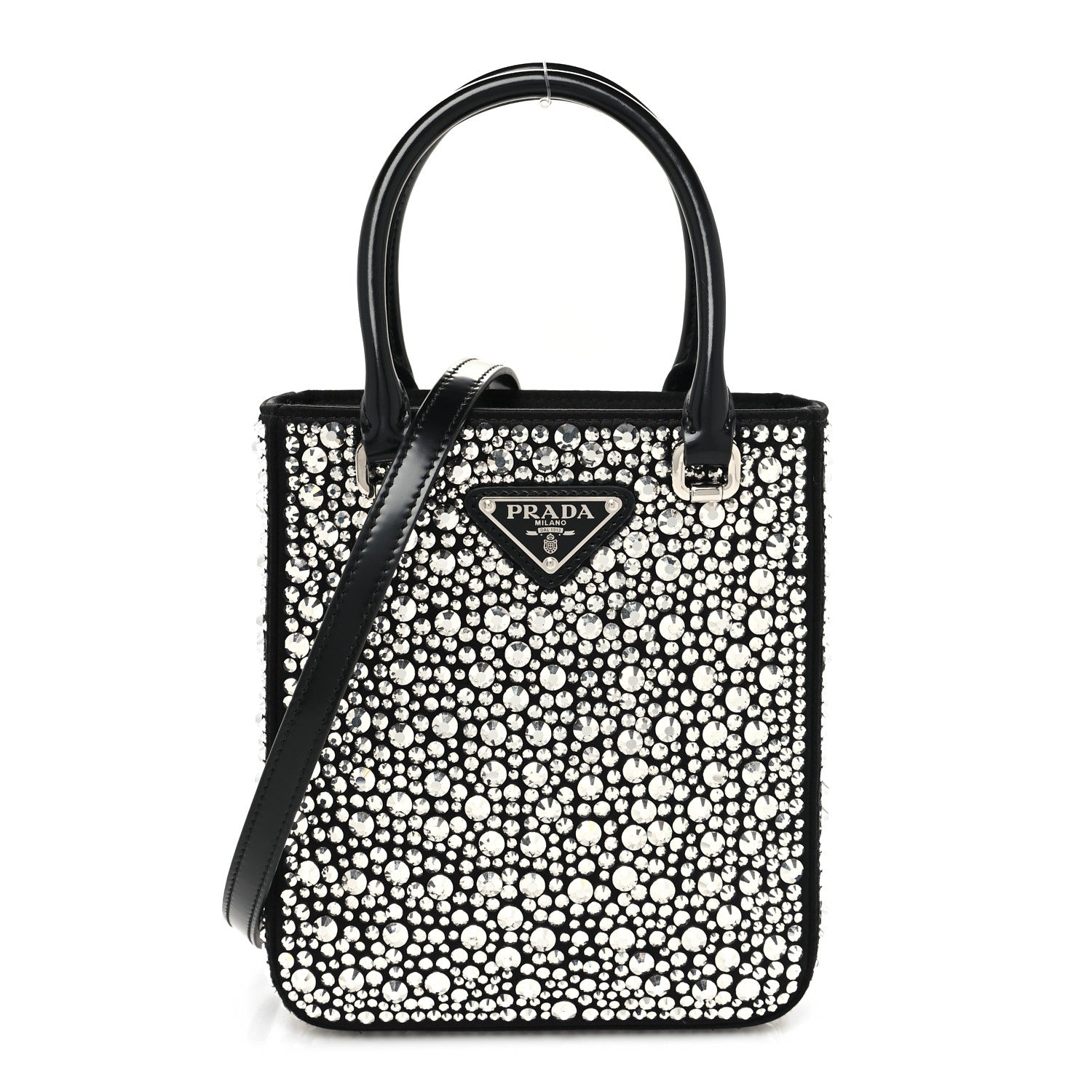 Prada Satin Crystal Metal Triangle Logo Small Double Handle Crossbody Tote Metal 1 of 10