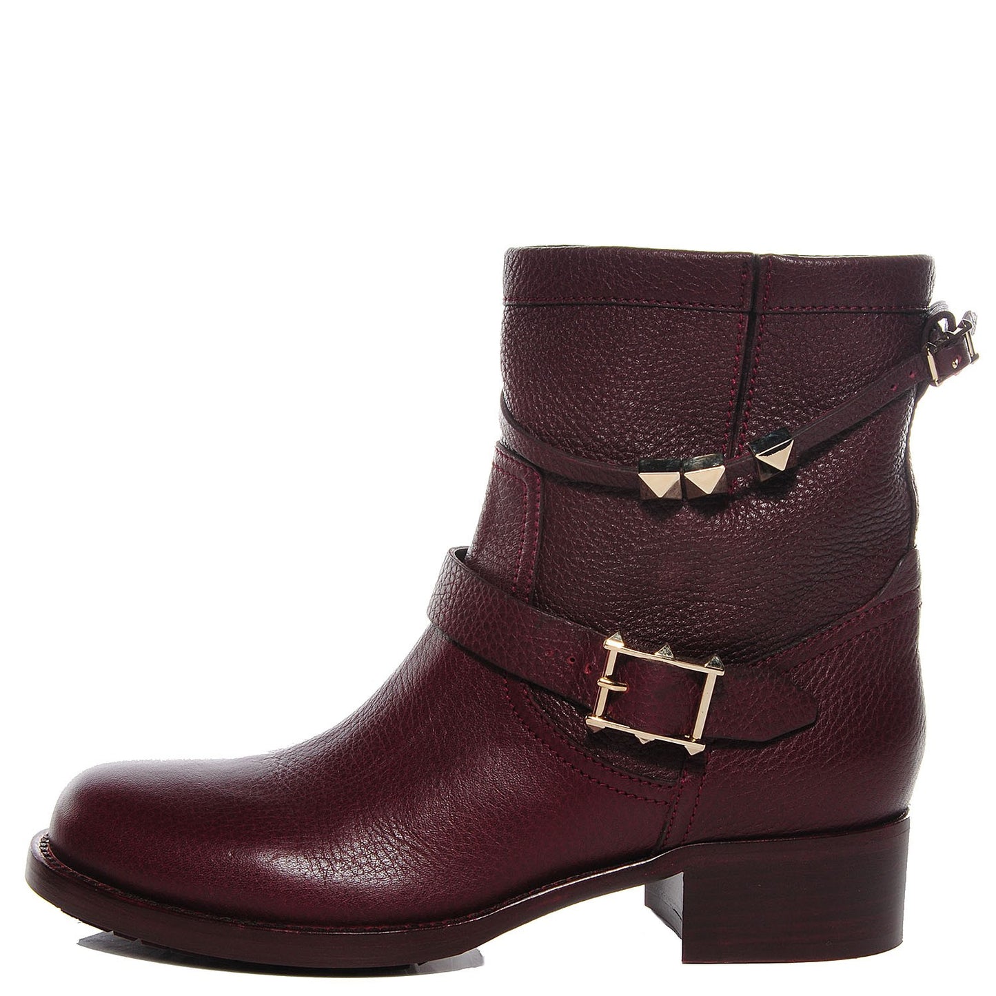 Pebbled Calfskin Rockstud Biker Boots 38 Rubin