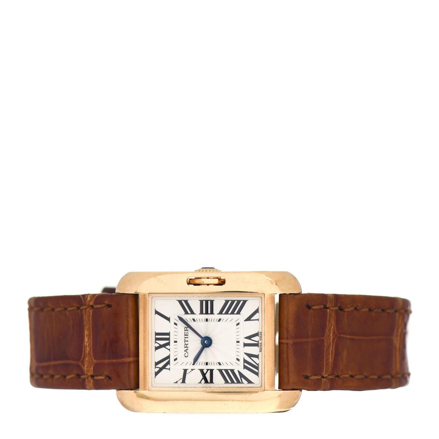 18K Yellow Gold Alligator 22mm Tank Anglaise Quartz Watch Brown