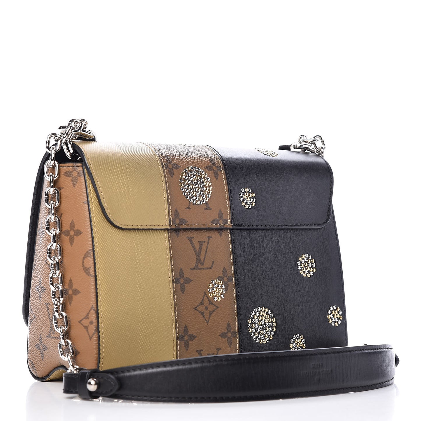 Calfskin Reverse Monogram Studded Twist Shoulder Bag MM Black Gold