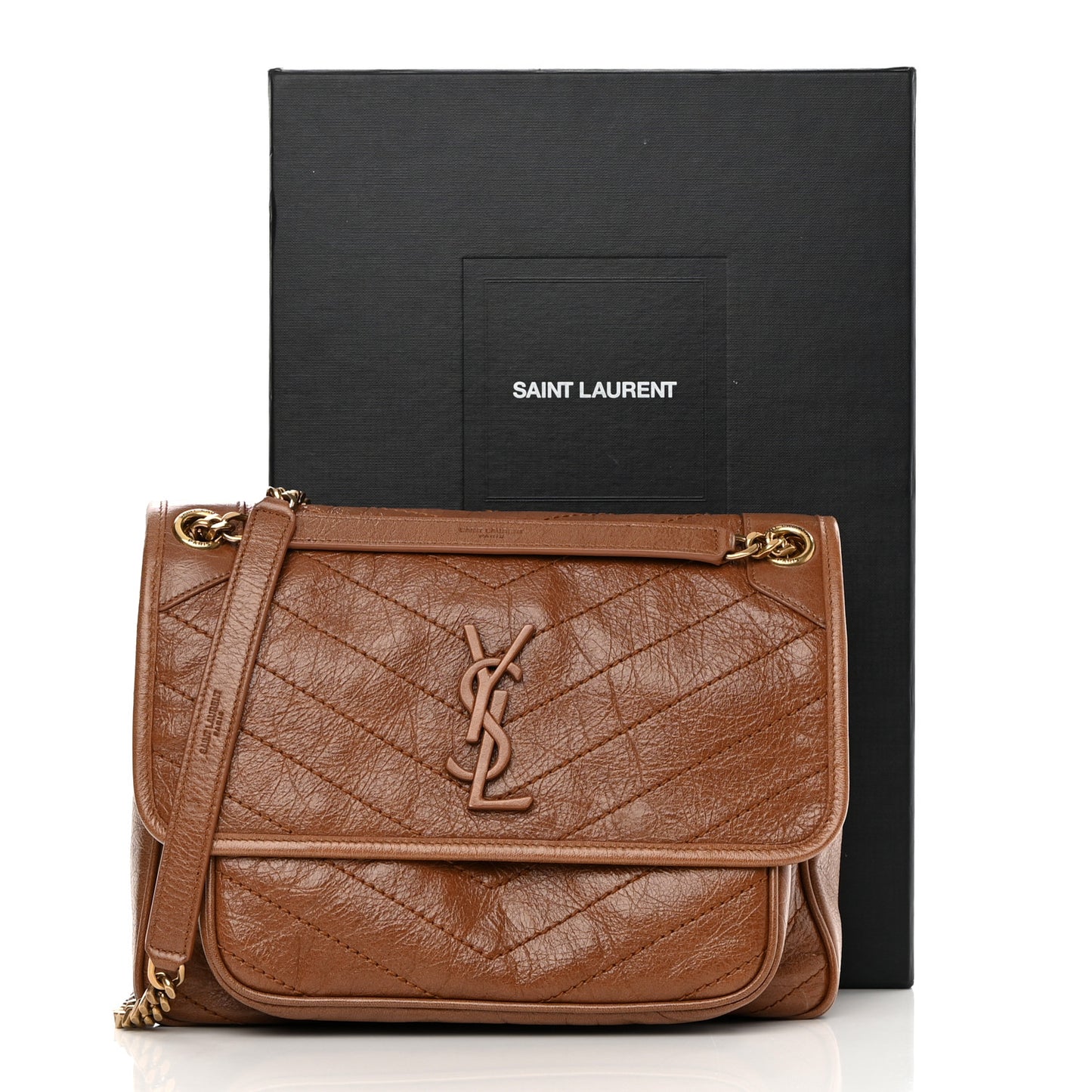 Crinkled Calfskin Matelasse Monogram Medium Niki Chain Satchel Caramel