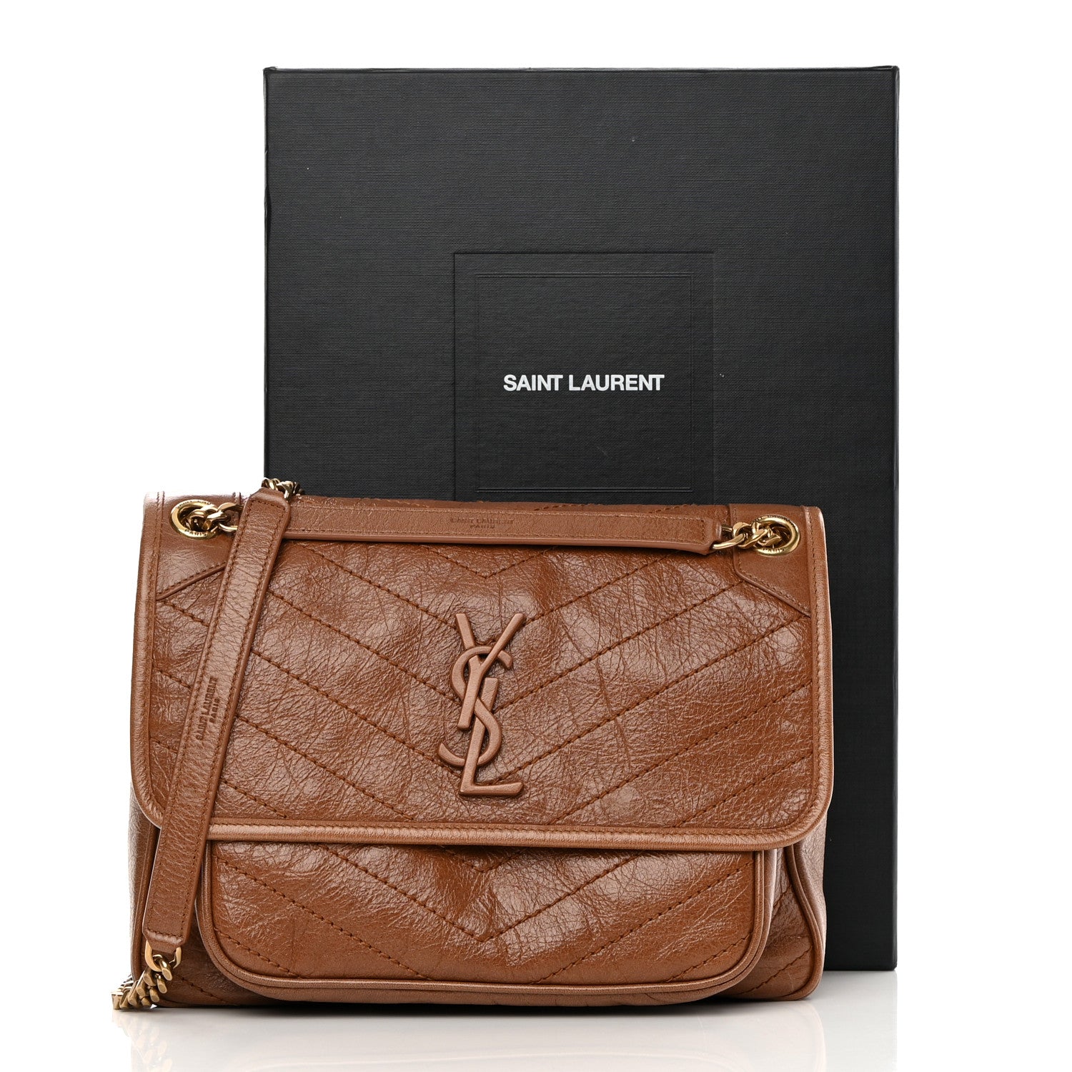 Saint Laurent Crinkled Calfskin Matelasse Monogram Medium Niki Chain Satchel Caramel 13 of 13