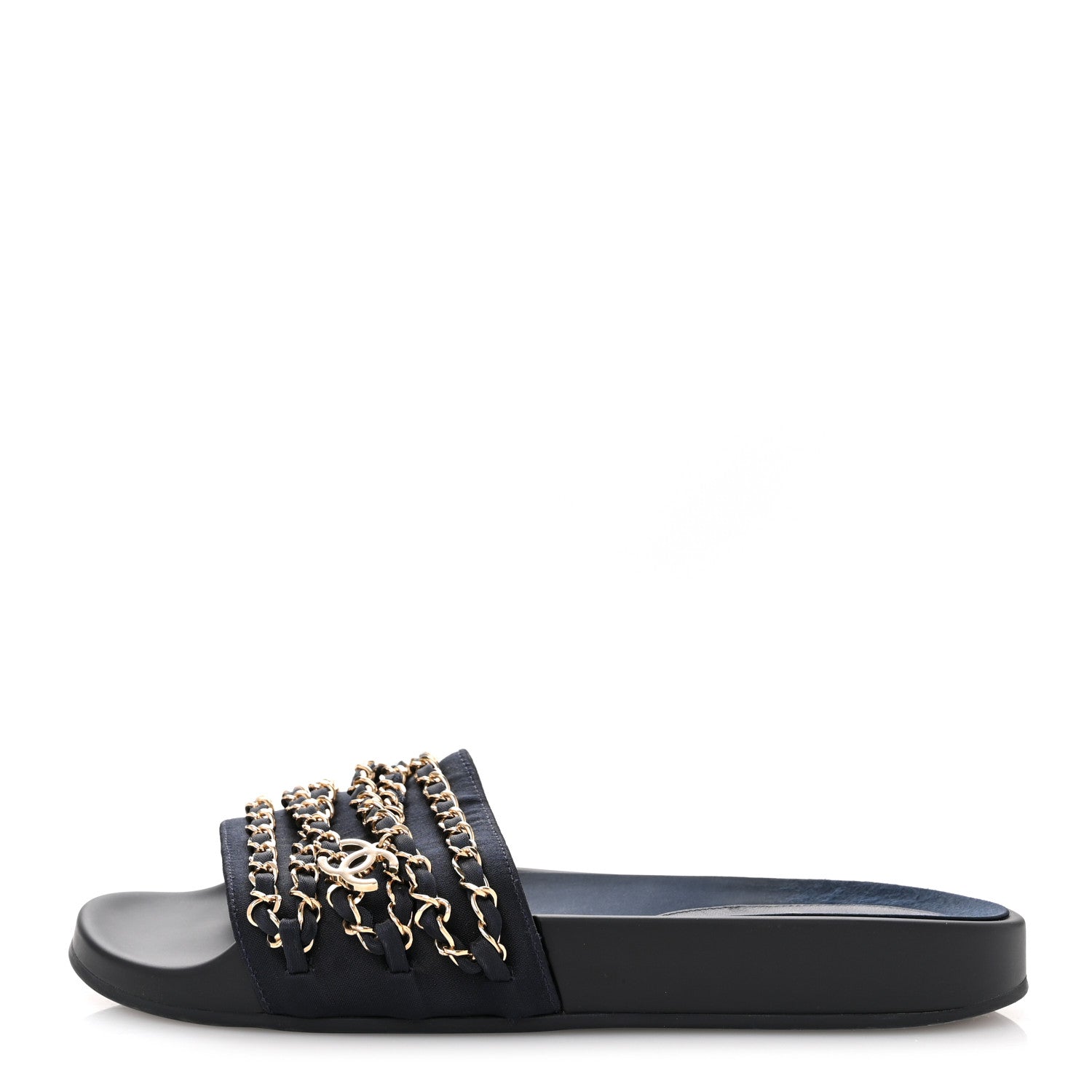 Chanel Satin Canvas Chain Slides Sandals Flats 38 Marine 1 of 12