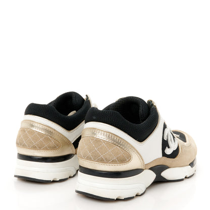 Chanel Mesh Suede Calfskin Grained Calfskin Womens CC Sneakers 37 White Black Beige Gold 5 of 9