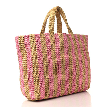 Prada Yarn Raffia Effect Crochet Striped Large Logo Tote Naturale Petalo 3 of 8