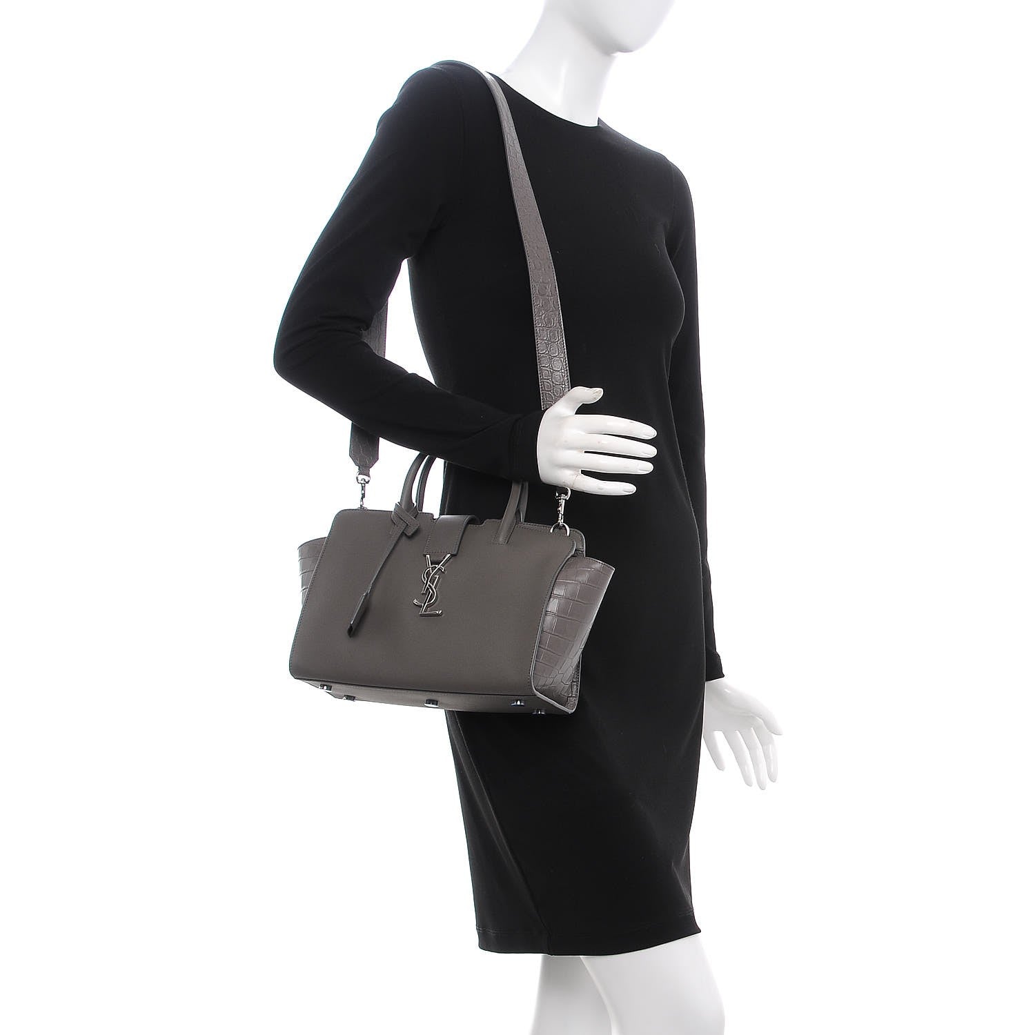 Saint Laurent Smooth Calfskin Crocodile Embossed Baby Monogram Downtown Cabas Earth 2 of 7