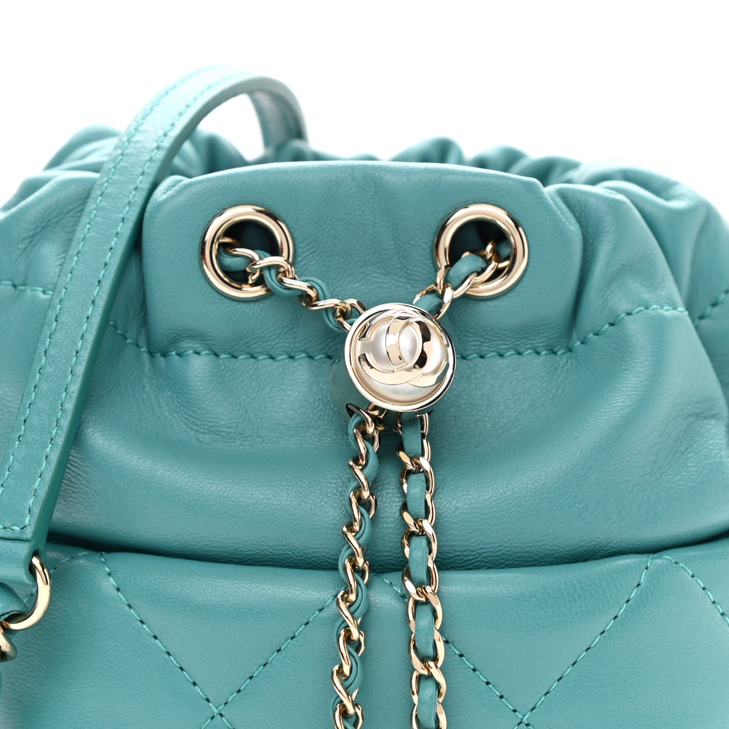 Lambskin Quilted Mini Pearl CC Drawstring Bucket Bag Blue