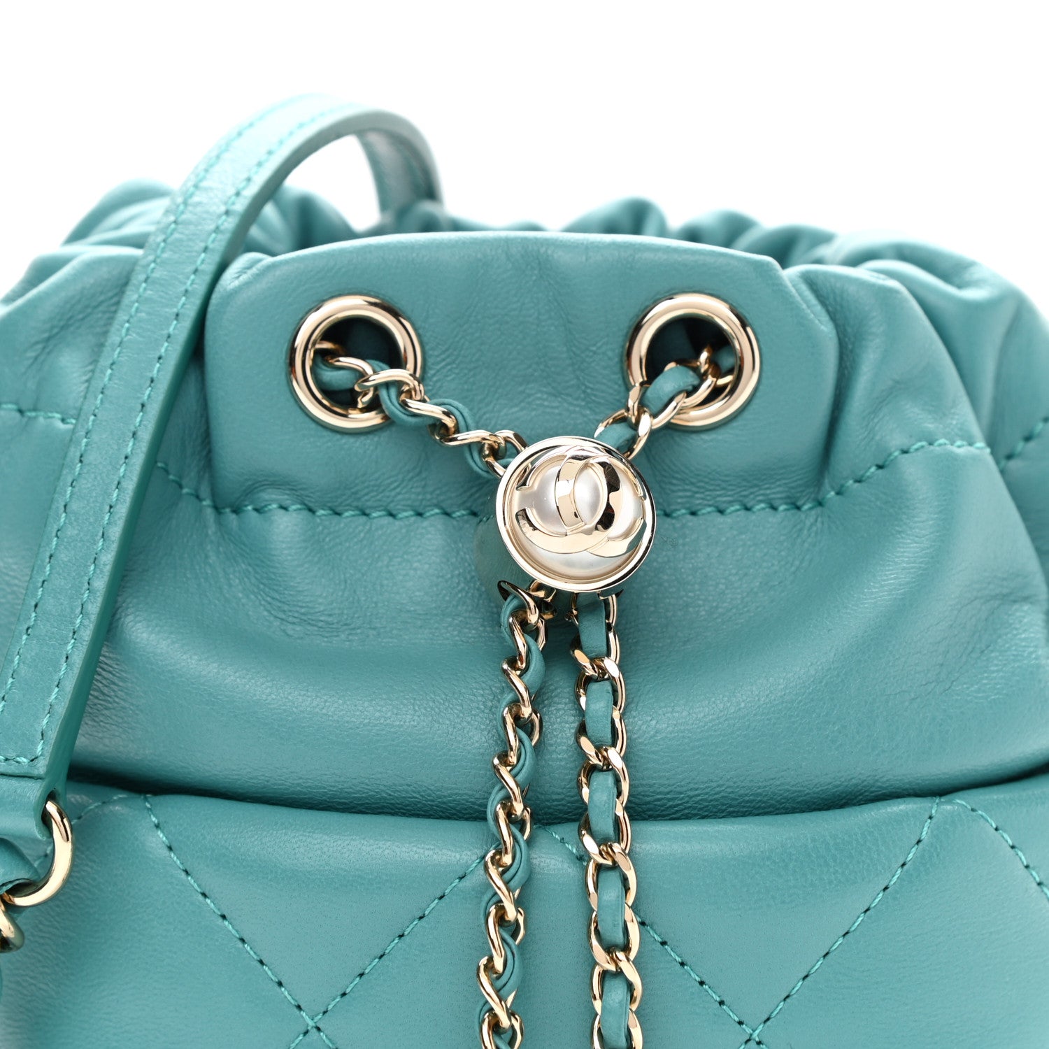 Chanel Lambskin Quilted Mini Pearl CC Drawstring Bucket Bag Blue 8 of 10