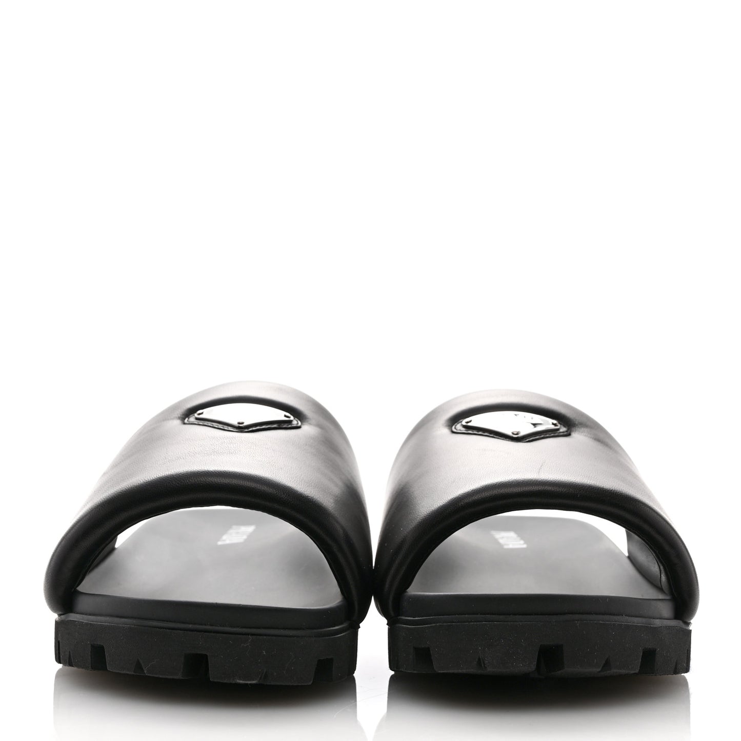 Nappa Soft Padded Metal Triangle Logo Mens Slide Sandals 10 Black