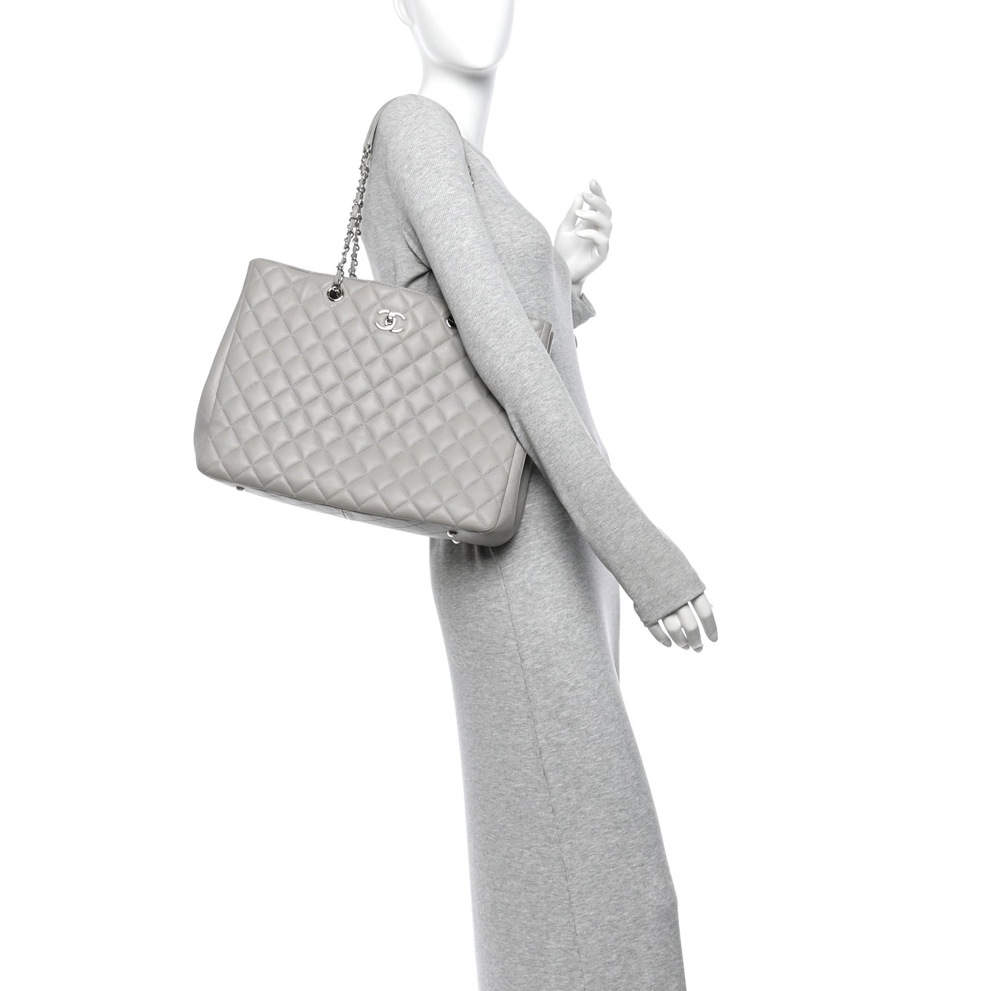 Calfskin Quilted Large Classic Shopping Tote Grey