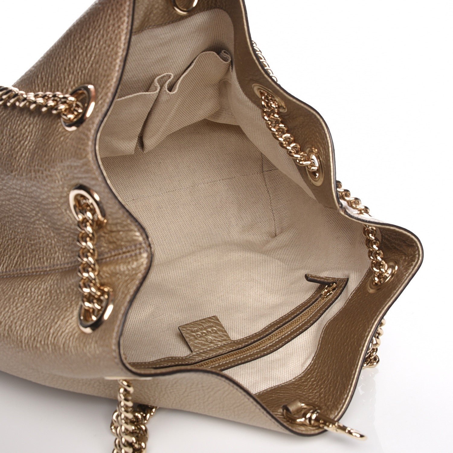 Gucci Metallic Pebbled Calfskin Medium Soho Chain Shoulder Bag Golden Beige 5 of 7