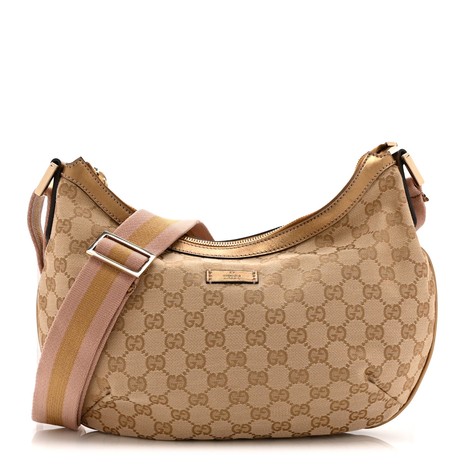 Gucci Monogram Web Medium Half Moon Hobo Gold Pink 1 of 10