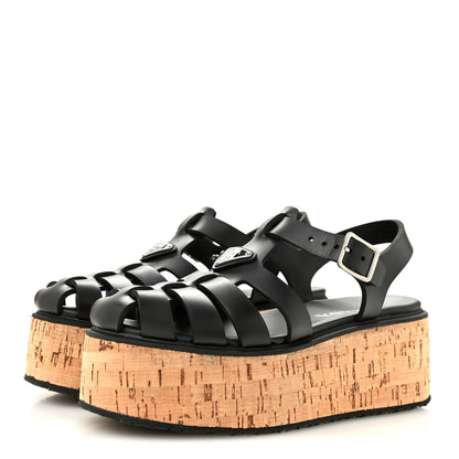 Prada Foam Rubber Cork Triangle Logo Platform Cage Sandals  40 Black 4 of 10