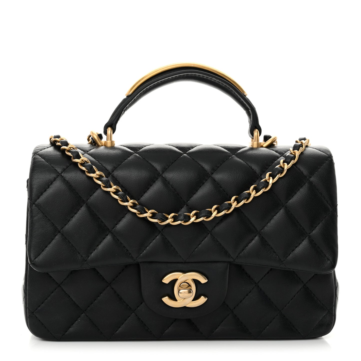 Lambskin Quilted Metal Mini Top Handle Rectangular Flap Black