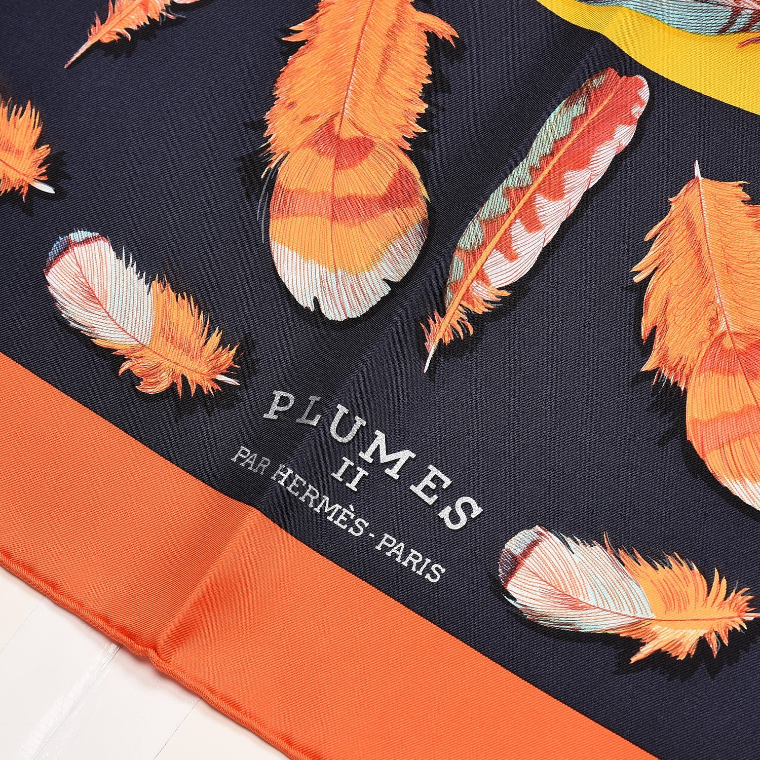 Hermes Silk Plumes II Scarf 90 Capucine Marine Jaune D'Or 3 of 7