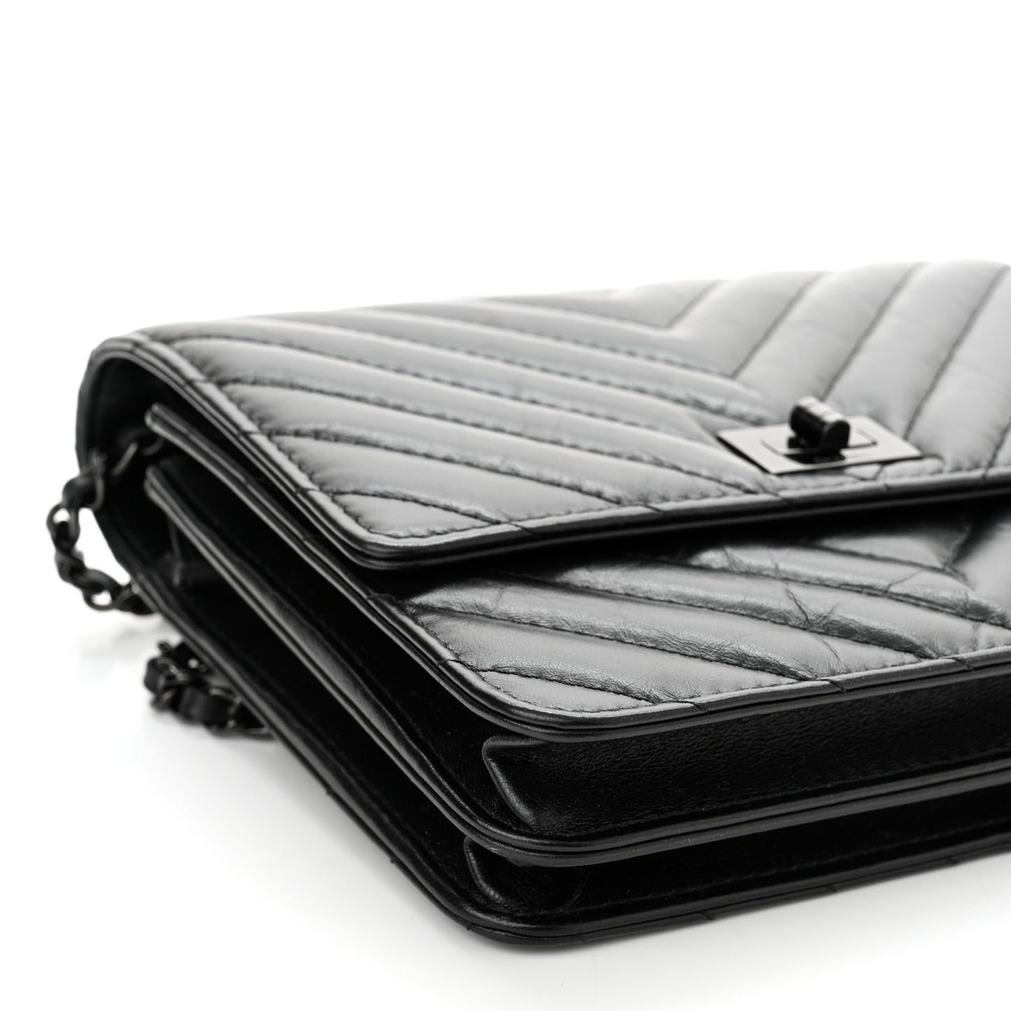 Aged Calfskin Chevron Quilted Reissue 2.55 Square Wallet On Chain WOC So Black