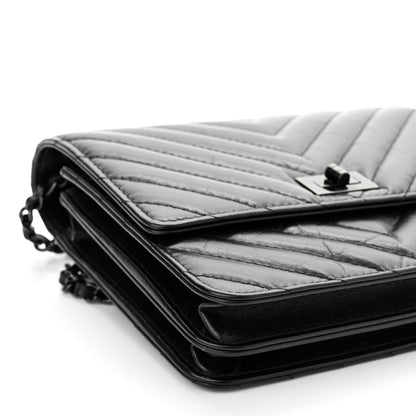 Chanel Aged Calfskin Chevron Quilted Reissue 2.55 Square Wallet On Chain WOC So Black 10 of 12