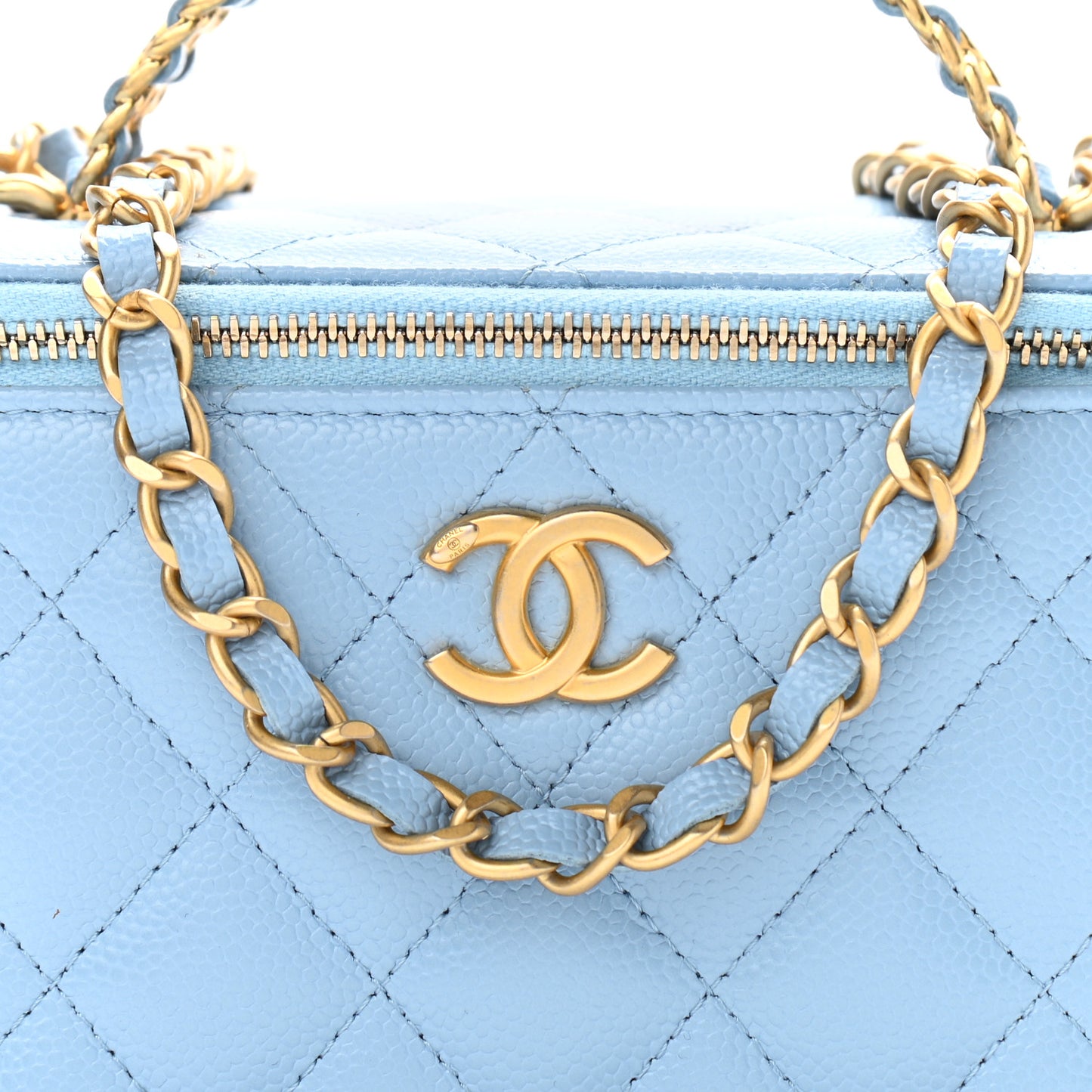 Shiny Caviar Quilted Pick Me Up Vanity Case Light Blue