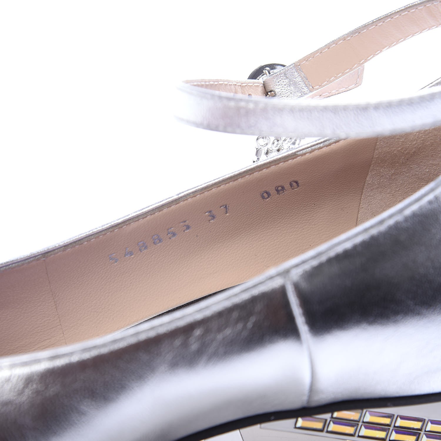 Gucci Metallic Nappa Crystal Square G Mid Heel Pumps 37 Silver 8 of 9