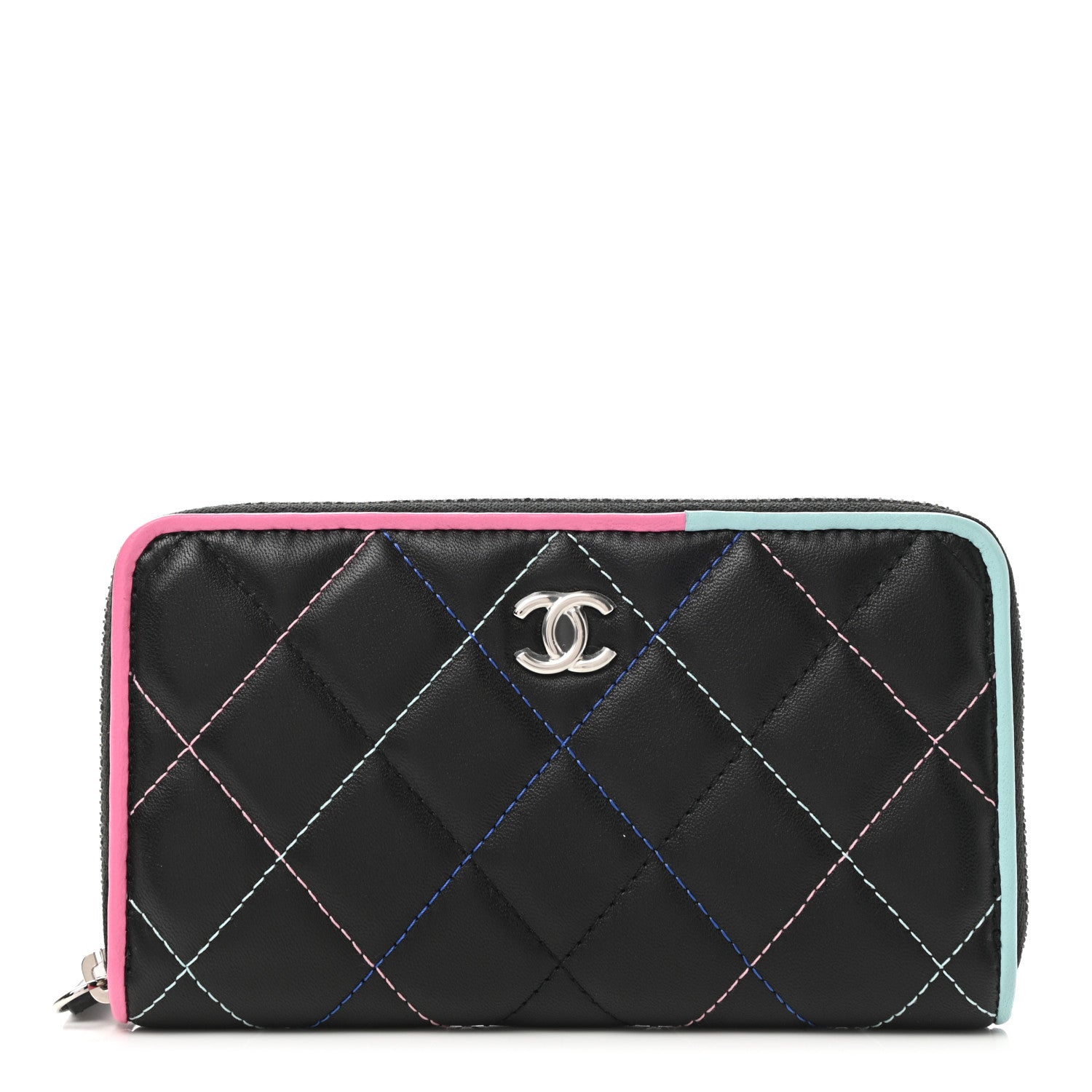 Chanel Lambskin Quilted Small Gusset Zip Around Wallet Black Pink Light Blue 1 of 9