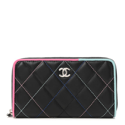 Chanel Lambskin Quilted Small Gusset Zip Around Wallet Black Pink Light Blue 1 of 9