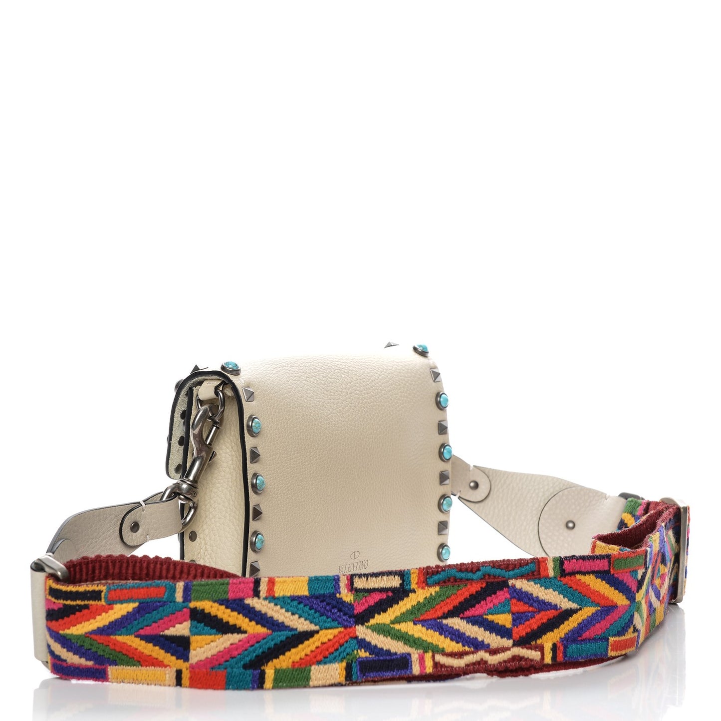 Grained Calfskin Small Guitar Strap Rockstud Rolling Shoulder Flap Bag Light Ivory