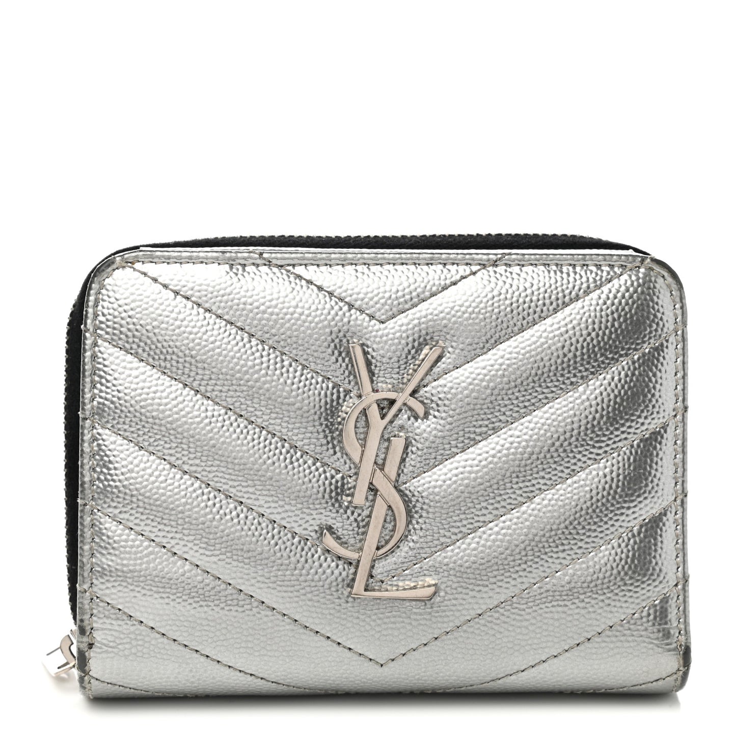 Metallic Grain De Poudre Matelasse Chevron Monogram Compact Zip Around Wallet Silver