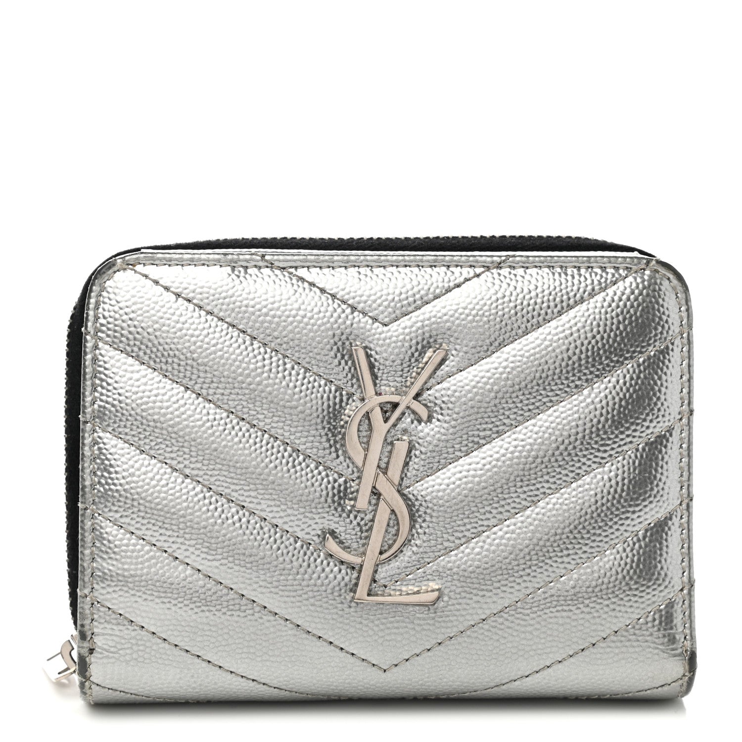 Saint Laurent Metallic Grain De Poudre Matelasse Chevron Monogram Compact Zip Around Wallet Silver 1 of 8