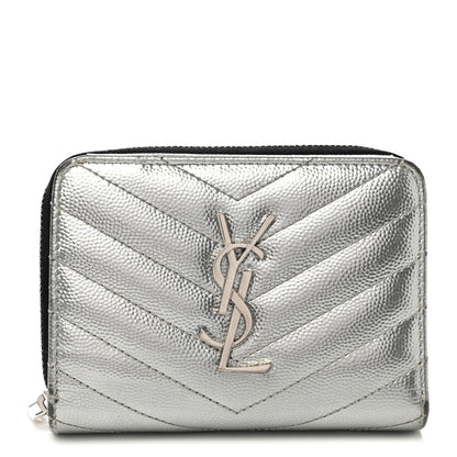 Saint Laurent Metallic Grain De Poudre Matelasse Chevron Monogram Compact Zip Around Wallet Silver 1 of 8