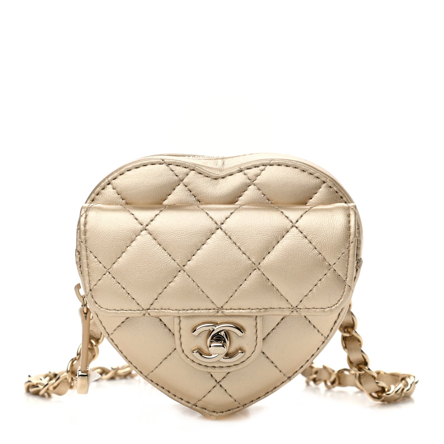 Chanel Metallic Lambskin Quilted CC In Love Heart Waist Belt Bag With Chain Gold 1 of 12