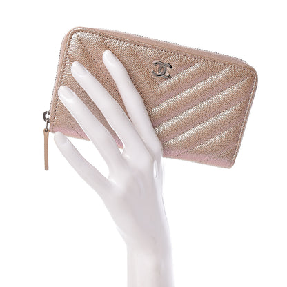 Chanel Metallic Caviar Chevron Quilted Small Zip Around Wallet Light Gold 2 of 8
