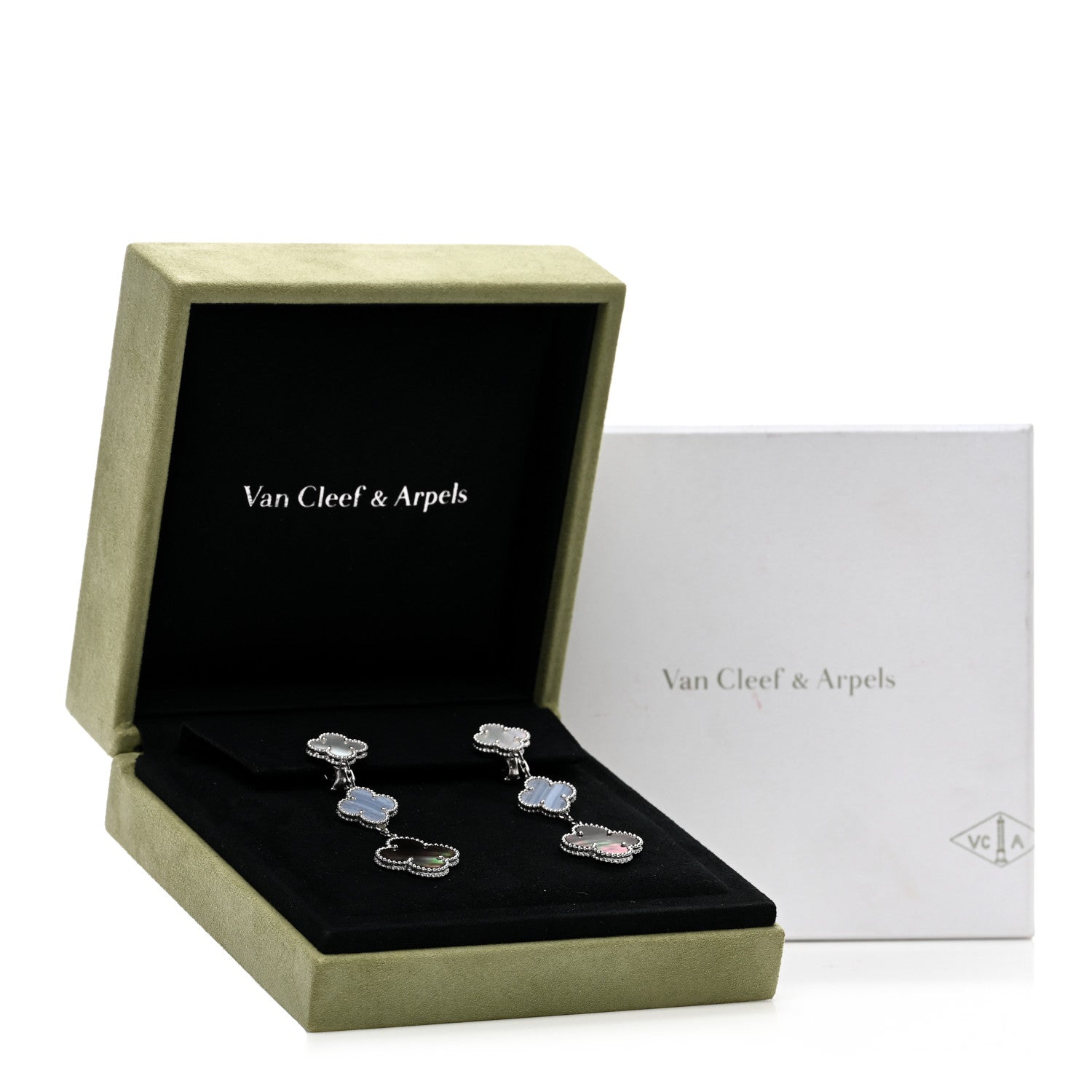 Van Cleef & Arpels 18K White Gold Mother of Pearl Chalcedony 3 Motifs Magic Alhambra Earrings 5 of 5