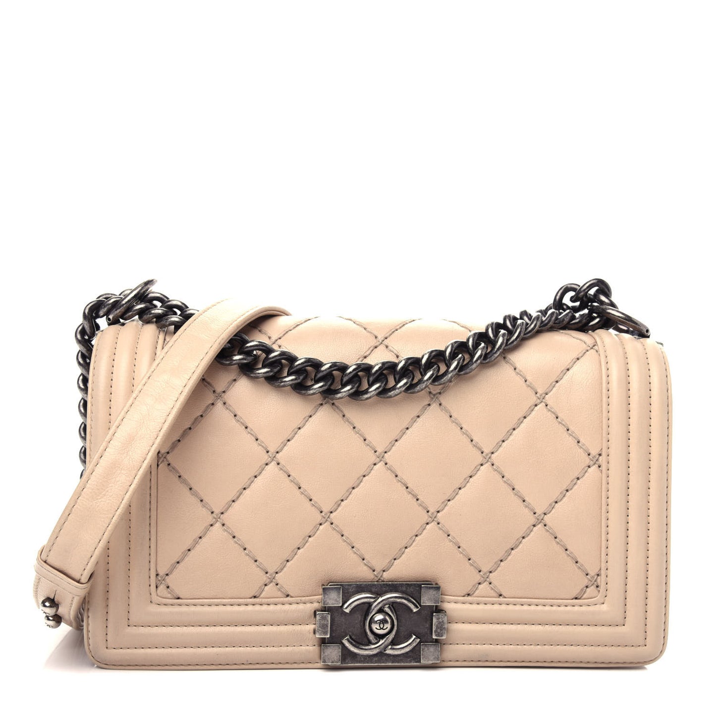 Calfskin Quilted Double Stitch Medium Boy Flap Beige
