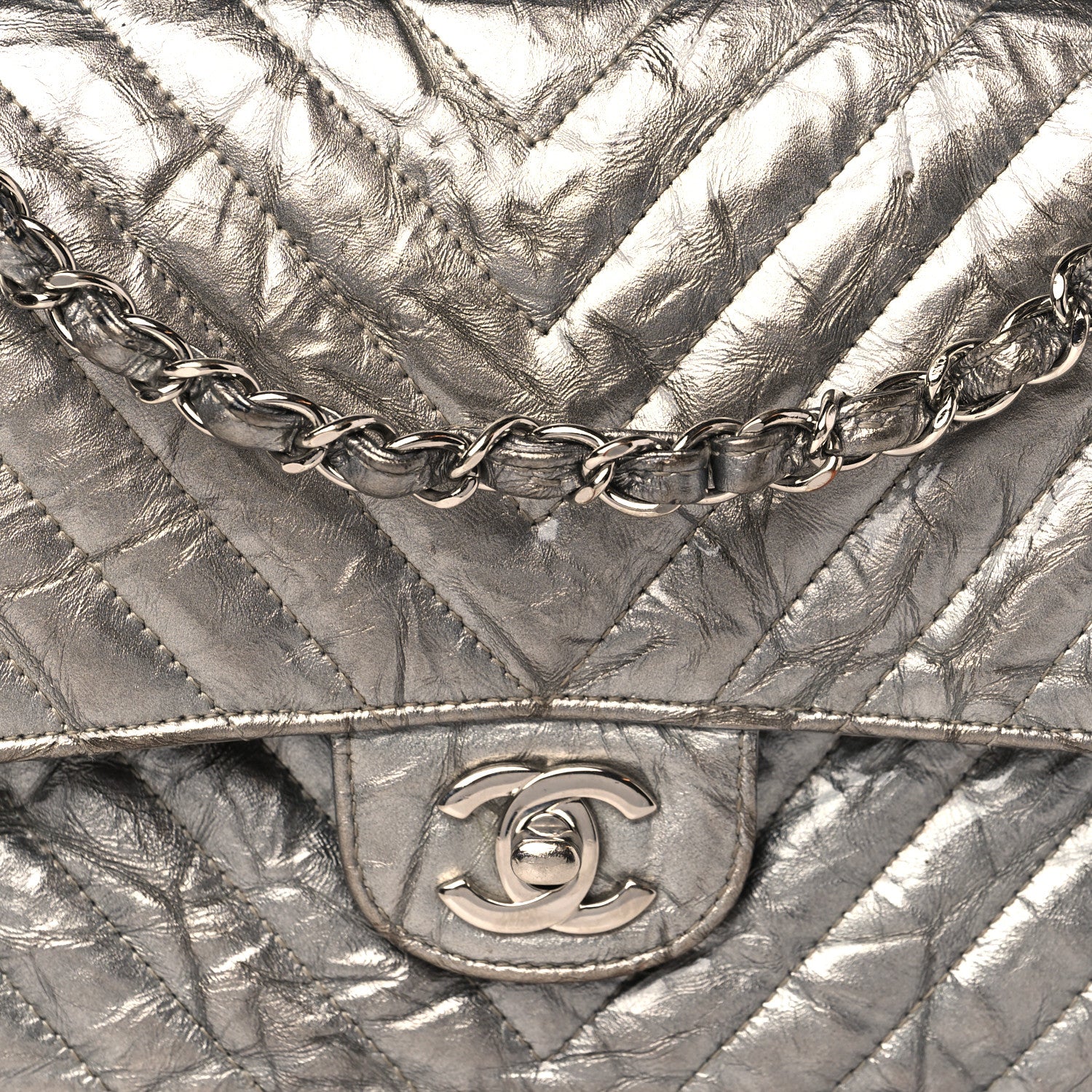 Chanel Metallic Patent Crumpled Calfskin Chevron Quilted Medium Double Flap Silver 7 of 13