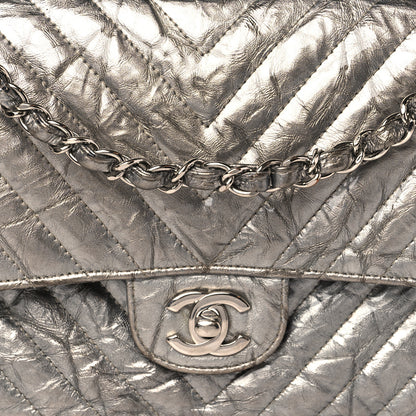 Chanel Metallic Patent Crumpled Calfskin Chevron Quilted Medium Double Flap Silver 7 of 13