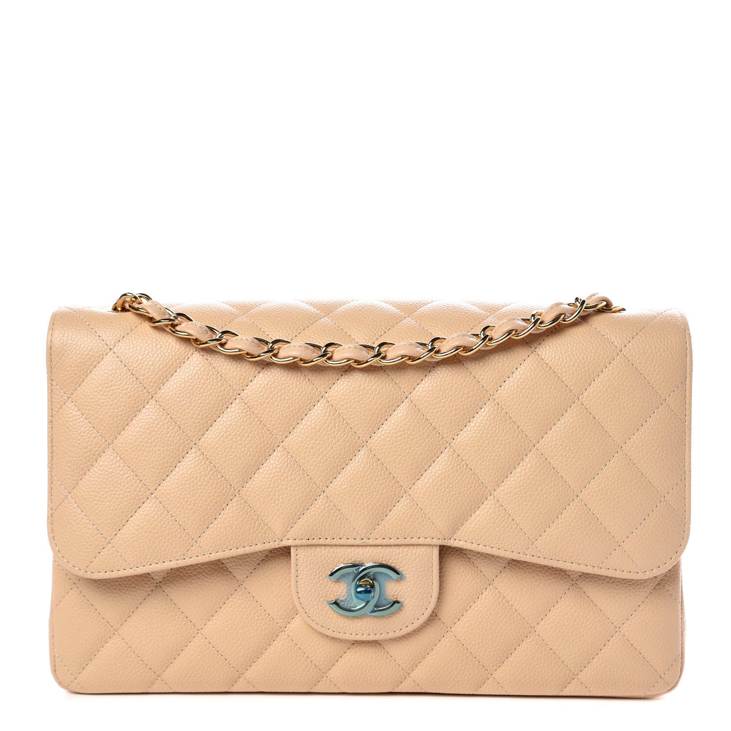 Caviar Quilted Jumbo Double Flap Beige Clair