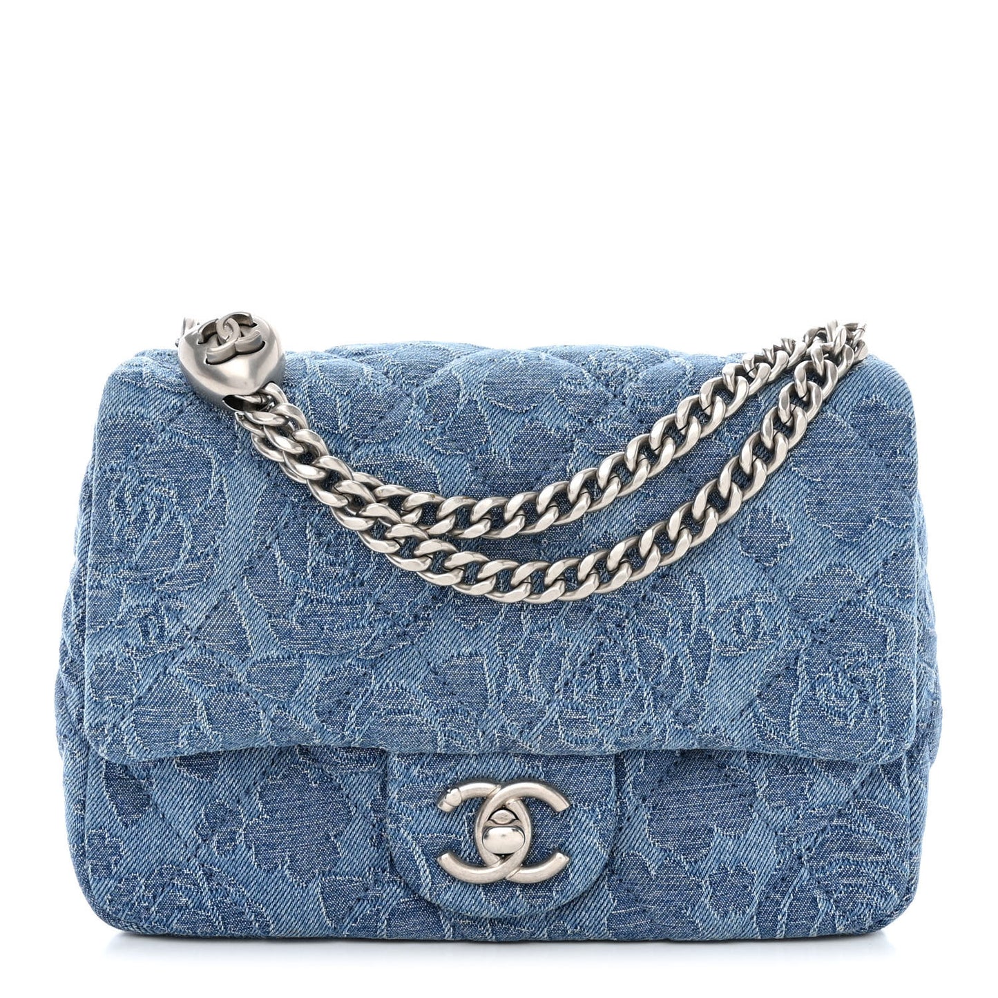 Denim Quilted Camellia Sweetheart Mini Flap Blue