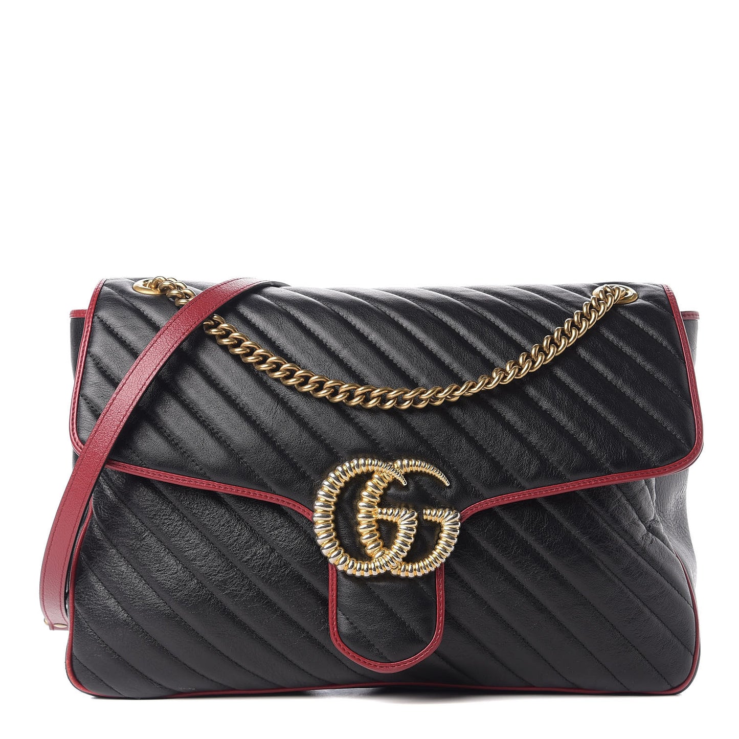 Vintage Effect Calfskin Matelasse Diagonal Large Torchon GG Marmont Shoulder Bag Black Romantic Cherry