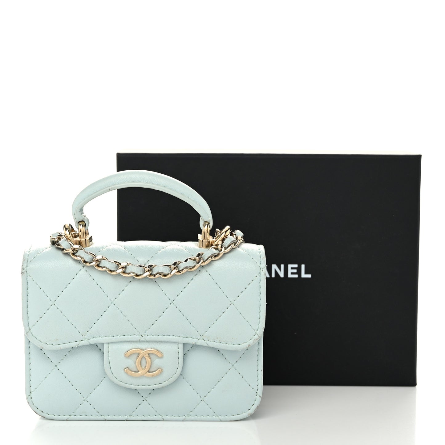 Lambskin Quilted Top Handle Flap Coin Purse With Chain Light Blue