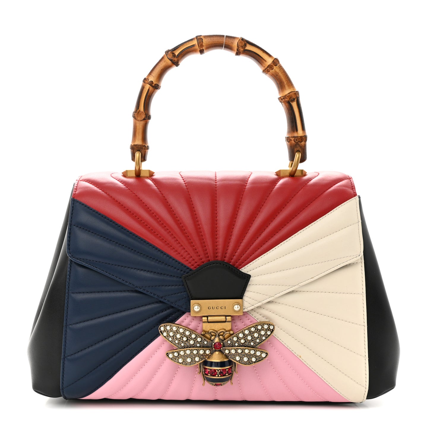 Calfskin Bamboo Trapuntata Queen Margaret Top Handle Bag Blue Agata Hibiscus Red Mystic White Sugar Pink