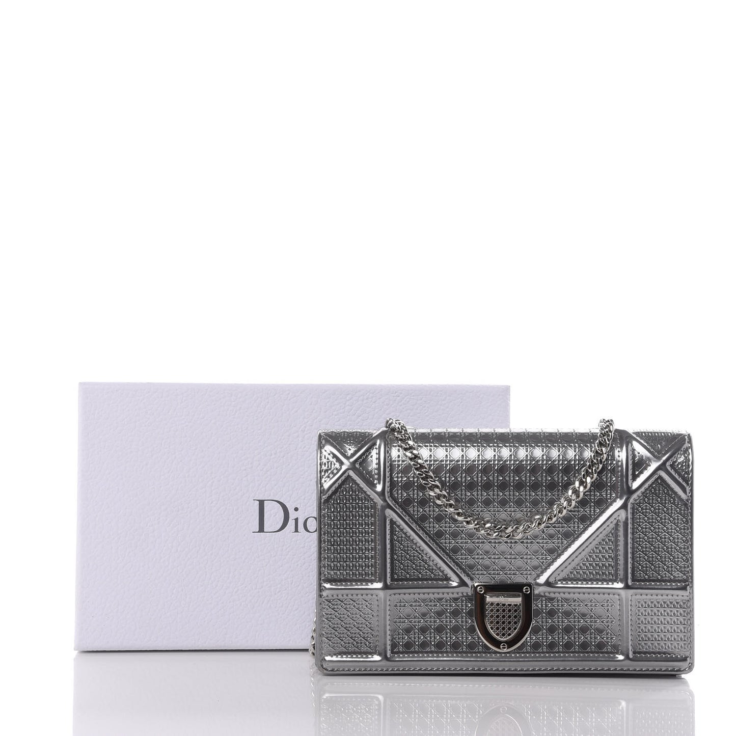 Metallic Patent Micro-Cannage Diorama Wallet on Chain Pouch Silver