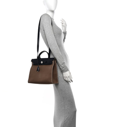 Hermes Vache Hunter Toile Herbag Zip 31 PM Etoupe Bleu Saphir 2 of 12